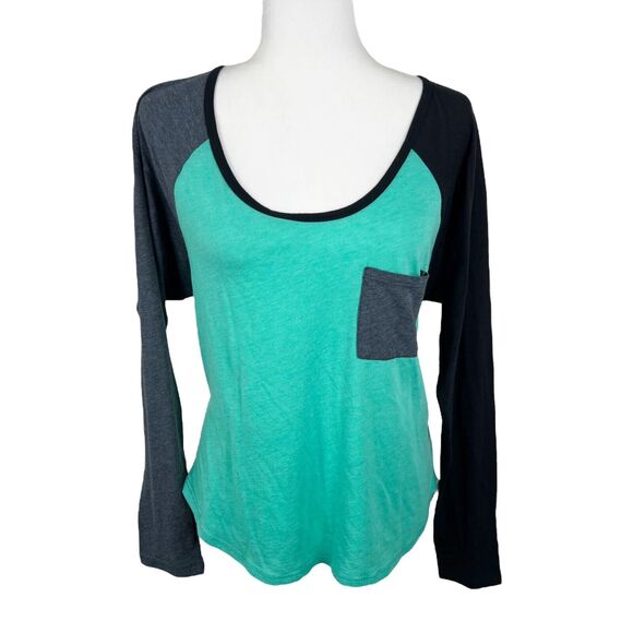 Volcom Shirt Women Extra Large Green Black Raglan Lightweight Baseball L/S Tee - Picture 1 of 14